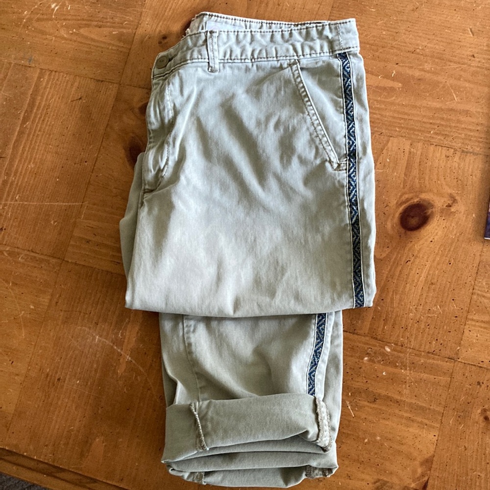 Anthropologie Relaxed Chino Pants in Green with Navy Pattern Detail